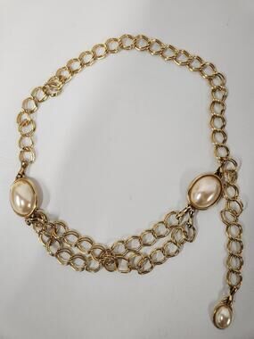 Vintage Gold Tone Faux Pearl Accent Layered Link Chain Belt, Adjustable. Elegant